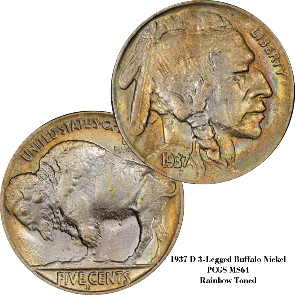 1937 D 3-Legged Buffalo Nickel, PCGS MS64 Rainbow Toned