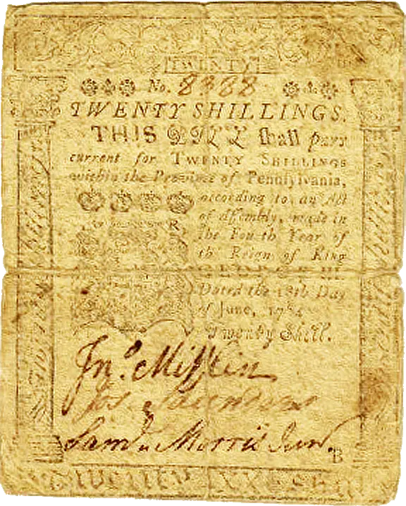 1764 Pennsylvania Colonia Twenty Shilling Note printed by Franklin and Hall